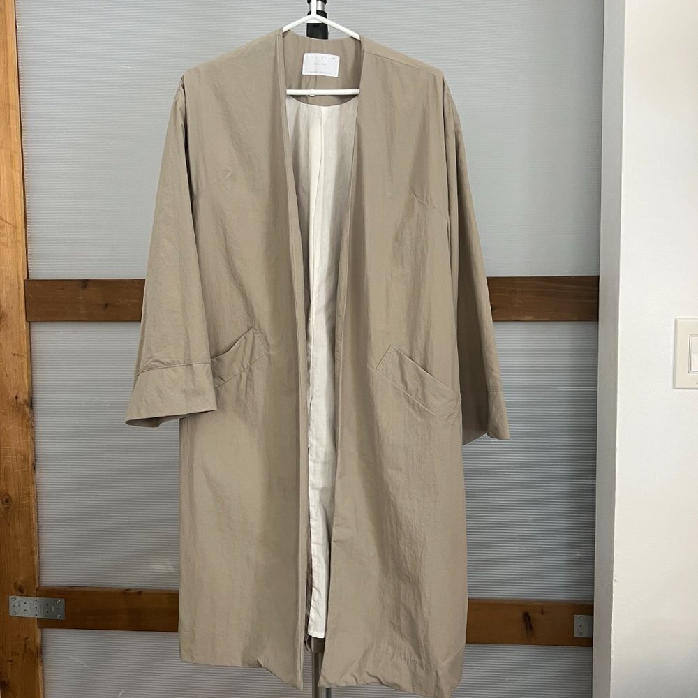 Oak + Fort Tan Collarless Midi Lightweight Lined Open Jacket Coat Sz M